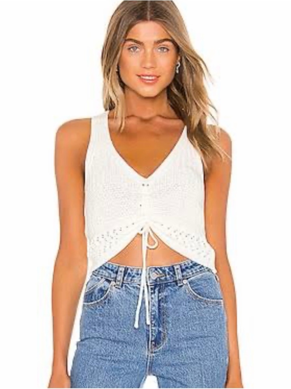 Women's Cream Knit Drawstring V-Neck Tank Top